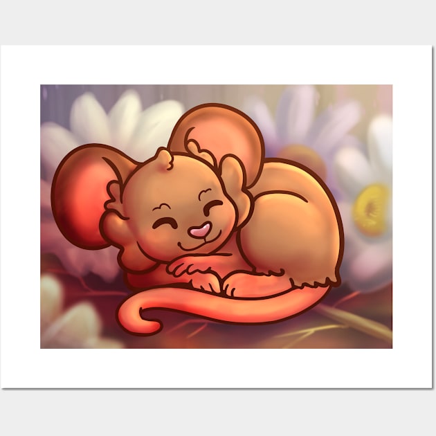 Mouse napping with daisies Wall Art by OrangeRamphasto